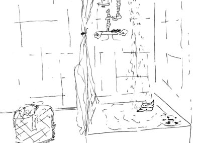 dessin crayonné douche salle de bain caca panier à linge