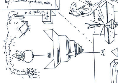 dessin crayonné personnage oeil fée bouche sourire mains sang dent rouge jaune texte architecture